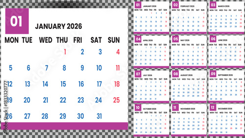 2026 Monthly Calendar Template | Printable Vector Design for Planning