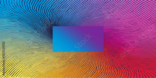 A radiant block anchors the vortex of curved black lines, channeling vibrant gradients into a hypnotic dance of color and motion.