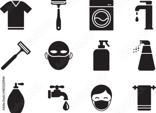 Personal Care and Hygiene Solid Icon Set with various item