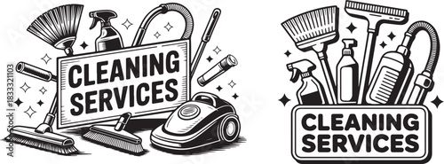Cleaning services emblems with vacuum cleaner and cleaning products one hundred characters
