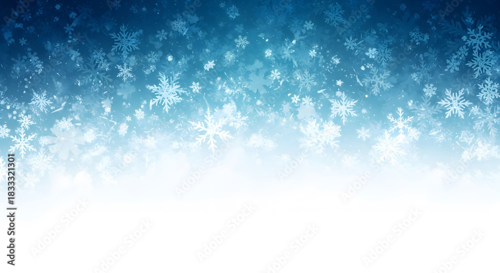 Fototapeta premium Abstract blue and white winter background with falling snowflakes and a snow border bottom