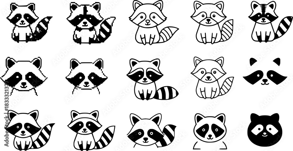 Naklejka premium Cute raccoon collection in diverse styles featuring pixel and sketch designs 
