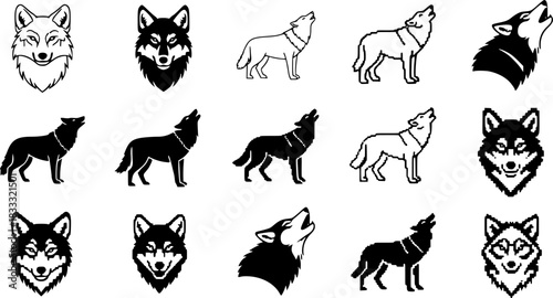 Diverse wolf icons in silhouette and pixel styles featuring minimalist and detailed designs
