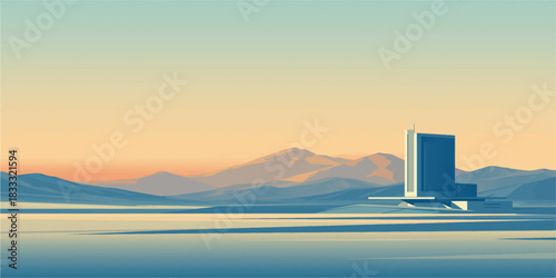 Elegant solitary building surrounded by calm water and distant pastel mountain range scenic illustration