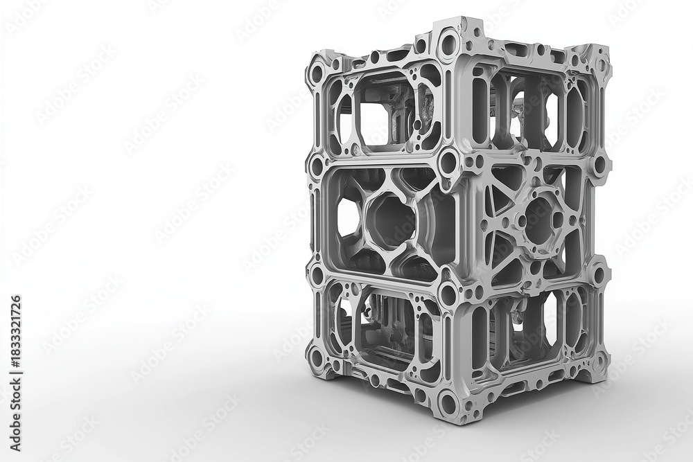 Obraz premium Advanced multi layered aluminum frame cube with intricate architectural details and complex metal components on white background, precision engineering concept.