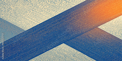 Dynamic diagonal X-shaped gradient stripes blending fiery orange into deep blue abstract background