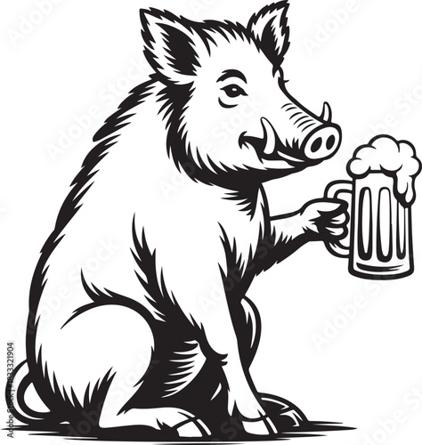 Wild boar holds beer mug with foam overflowing animal enjoys alcoholic beverage