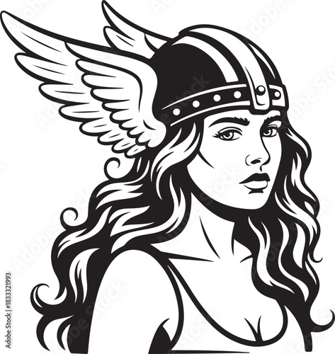 Valkyrie woman warrior is helmet wings long hair is fantasy norse mythology girl