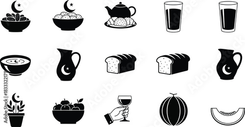 Collection of food and drink icons in black and white