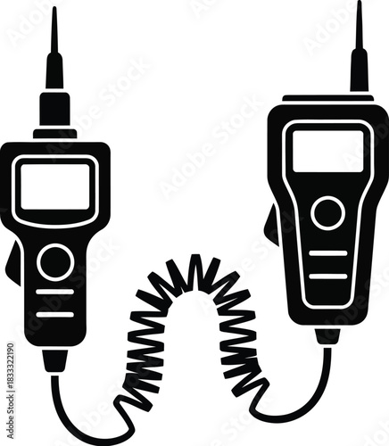 Simple black and white illustration of two walkie talkies with a coiled cable