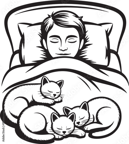 Person sleeping in bed with cats comfortable slumber relaxation dream
