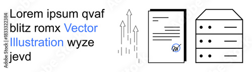 File management, data verification, cloud storage, workflow optimization, business operations, digital systems. a document, checkmark server and upward arrows. File management and data verification