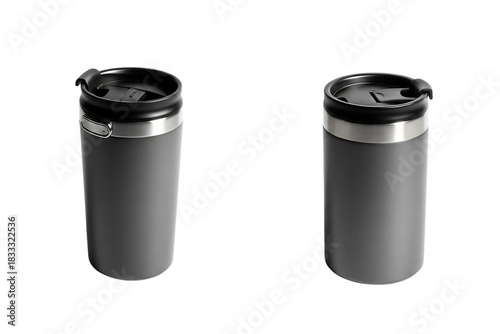 Two grey reusable travel mugs with lids for hot drinks isolated