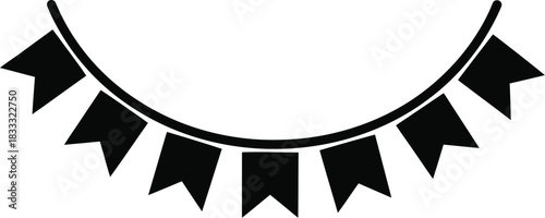 A simple black and white illustration of a string of party flags