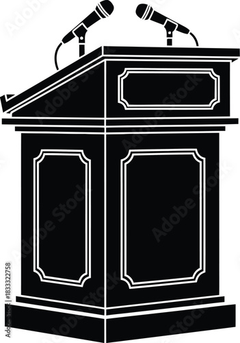 A simple black and white illustration of a conference podium with microphones