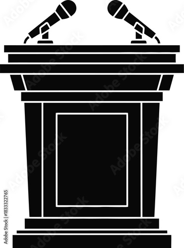 A black silhouette of a podium with two microphones on top