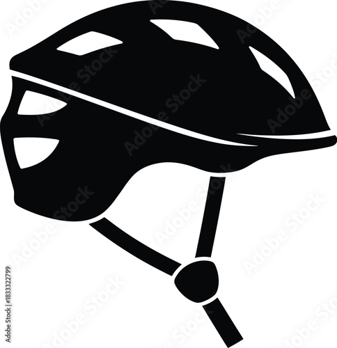 Black silhouette of a cycling helmet with strap detail isolated on white