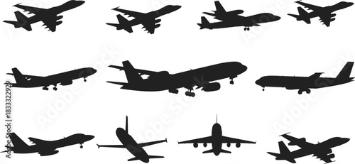 Airplane flying silhouettes collection, commercial aircraft vector set, aviation transport icons, jet flight illustration pack