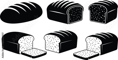 Black and white illustration of various loafs of bread and slices