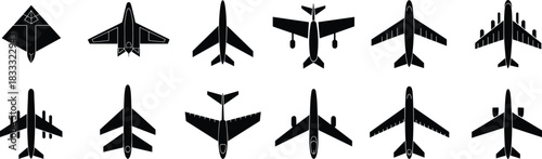 Airplane top view silhouettes, military and civilian aircraft set, aviation vector icons, transport illustration collection