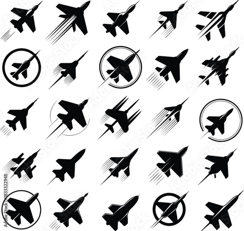 Jet silhouette icon set, fast military aircraft symbols, modern aviation speed graphics, dynamic airplane vector collection