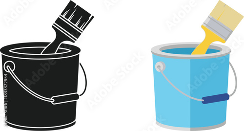 Paint cans and brushes a colorful illustration with monochromatic counterpart