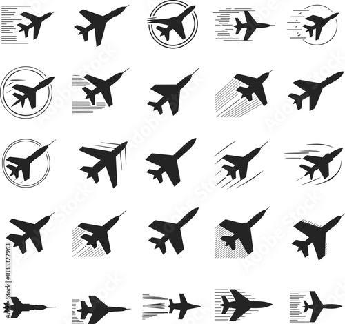 Jet silhouette icons, fast aviation symbols, military aircraft speed graphic set, modern airplane vector illustration pack
