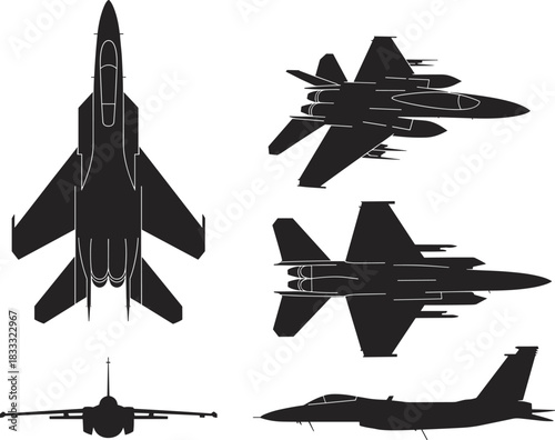 Fighter jet silhouette set, military aircraft illustration, modern combat plane views, aviation defense vector design collection