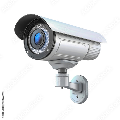 Illustration einer modernen Überwachungskamera für Sicherheit und Schutz, CCTV-Videoüberwachung Technologie, freigestellt vor weißem Hintergrund, Generative AI