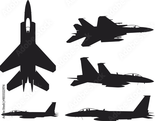Fighter jet silhouette set, military aircraft illustration, modern combat plane collection, aviation defense vector design