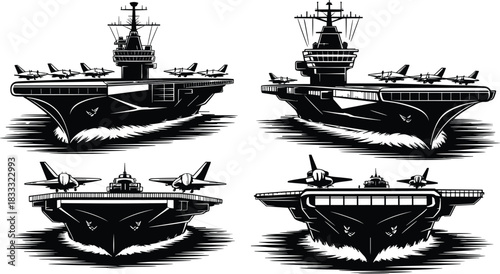 Aircraft carrier silhouette set, military navy ships illustration, fighter jet deck operations, maritime defense fleet vector design