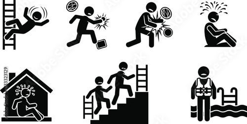Safety hazard pictograms, workplace injury icons, fall risk illustration, accident prevention graphics, occupational safety symbols, emergency awareness visuals, black and white