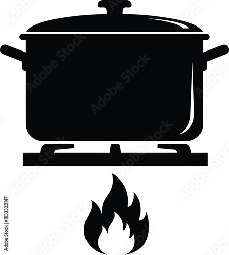 A black silhouette of a cooking pot over a flame on a stove