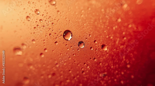 Close up macro of water droplets on a textured red orange surface