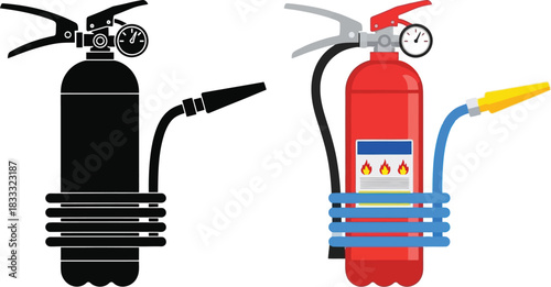 Fire extinguisher illustration showing black and red versions with hose details