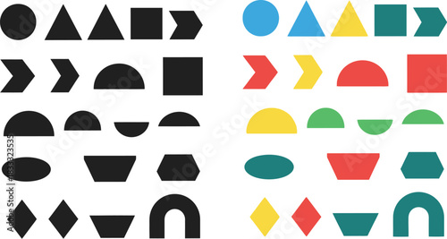 Colorful geometric shapes arranged in rows and columns a visual pattern