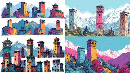 Vibrant illustrations of colorful mountain towers set against scenic peaks. Artistic architectural scenes featuring stone fortresses and hilltop structures in bold expressive colors.