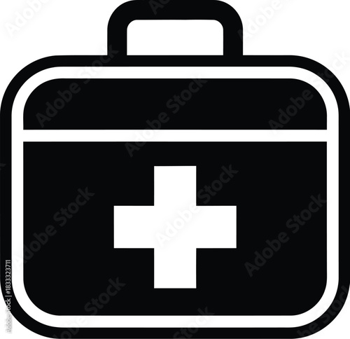 Simple black and white illustration of a first aid kit with a white cross