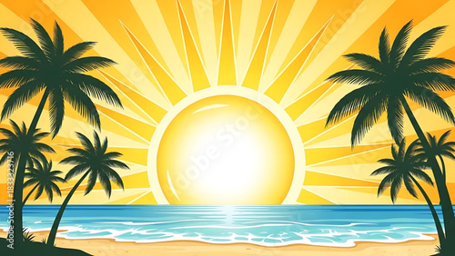 Sunny Paradise: Tropical Beach Scene with Palm Trees and Shining Sun