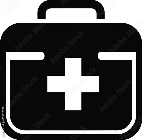 Simple black and white icon depicting a medical first aid kit