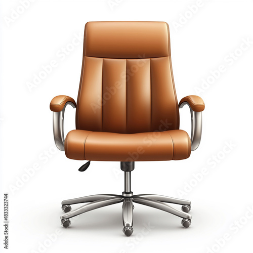 Gemütlicher Bürostuhl aus braunem Leder, Chefsessel, freigestellt vor weißem Hintergrund, Generative AI