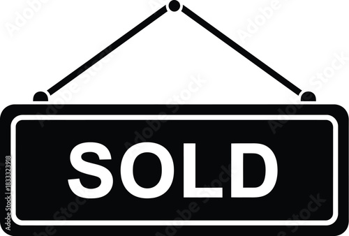 A simple black and white illustration of a hanging sold sign
