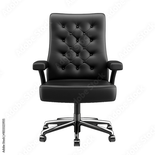 Gemütlicher schwarzer Bürostuhl aus Leder, Chefsessel, freigestellt vor transparentem Hintergrund, Generative AI