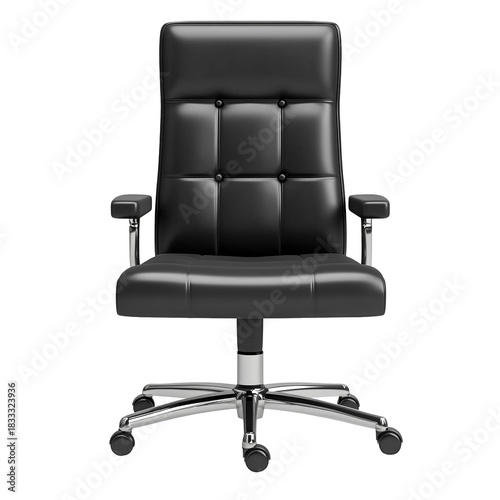Gemütlicher schwarzer Bürostuhl aus Leder, Chefsessel, freigestellt vor transparentem Hintergrund, Generative AI