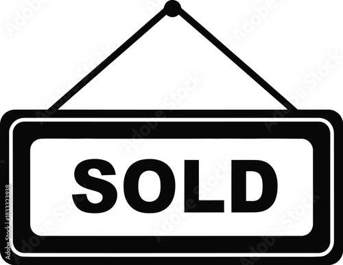 A simple black and white illustration of a hanging sold sign