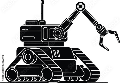 A black and white illustration of a tracked robot with a claw arm