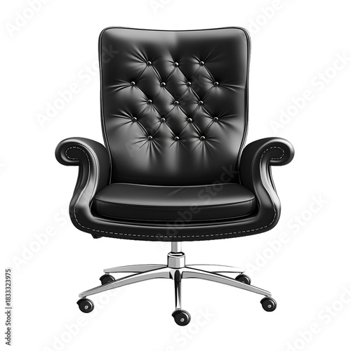 Gemütlicher schwarzer Bürostuhl aus Leder, Chefsessel, freigestellt vor weißem Hintergrund, Generative AI