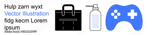 Gaming, health, work essentials, hygiene, digital lifestyle, recreation. Blue gaming controller, hand sanitizer and black bag on a white background. Gaming and hygiene concept