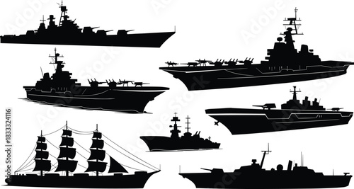 Warship silhouette set, navy ships illustration, aircraft carrier icons, battleship collection, maritime military fleet vector design