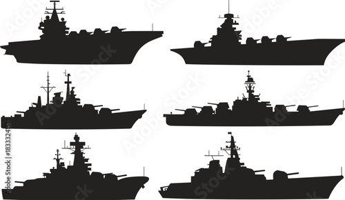Naval warship silhouettes, military ships, aircraft carrier, destroyer, cruiser, battleship, fleet, defense, ocean, maritime, tactical, silhouette, navy, illustration, warfare